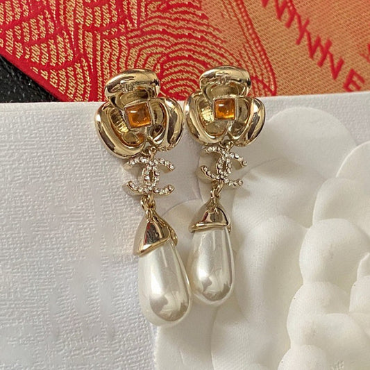 18K  Chanel Camellia Pearl Earrings